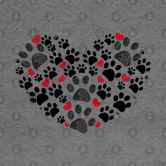 Black and red doodle dog paw print made of heart by GULSENGUNEL